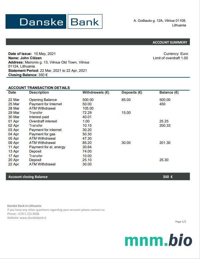 Szablon wyciągu z karty kredytowej Litwa (Litva) Citadele bank w formacie Excel i PDF